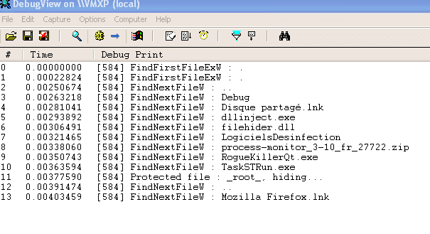 Debug output of the rootkit, showing hidden file